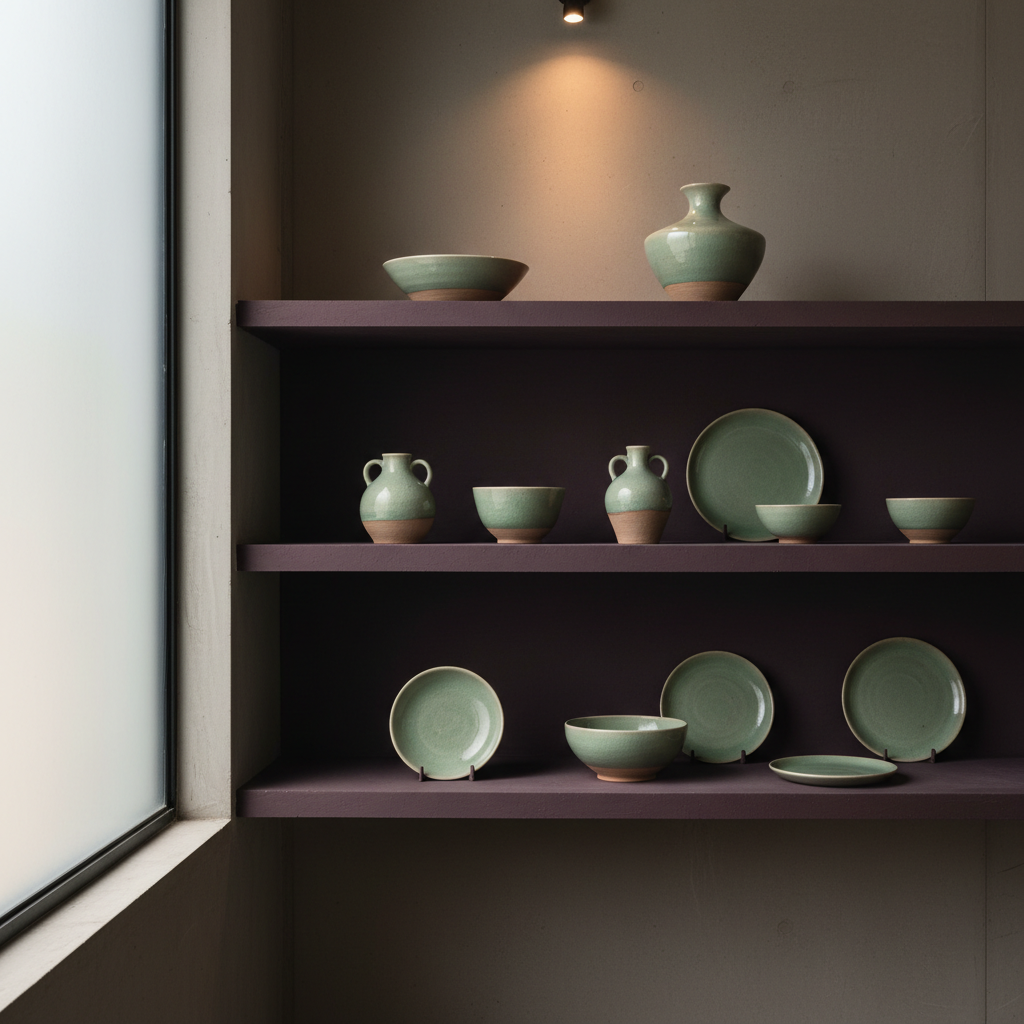 Handcrafted ceramic pots on studio shelf